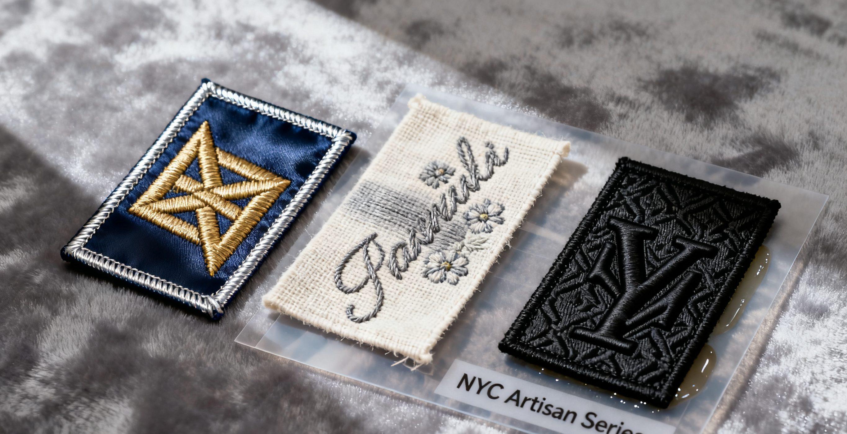 Close-up of luxury woven label samples made in NYC, featuring high-density stitching